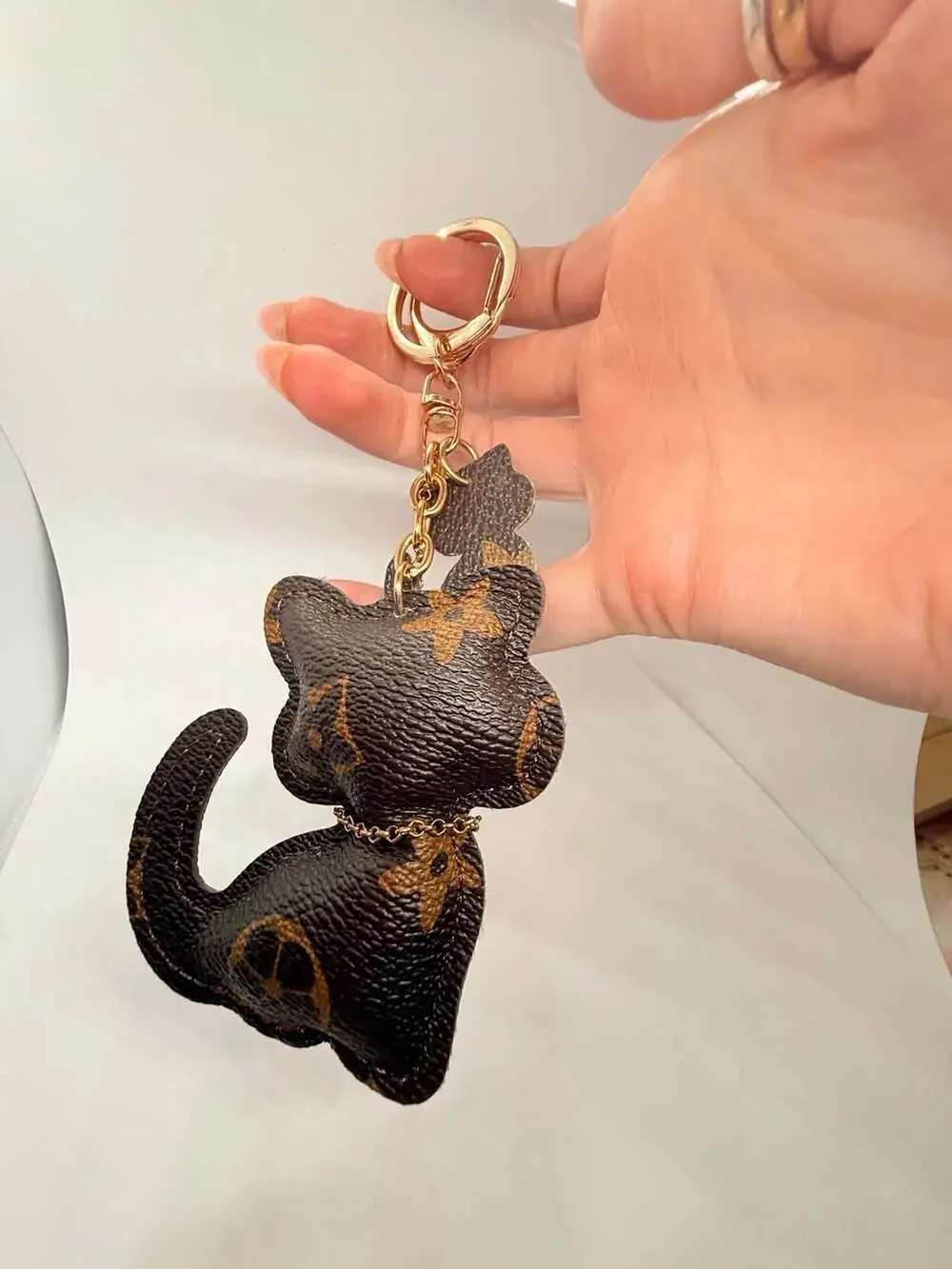 Unbranded Cat Keychain Monogram PU Leather Tassel Pendant Brown